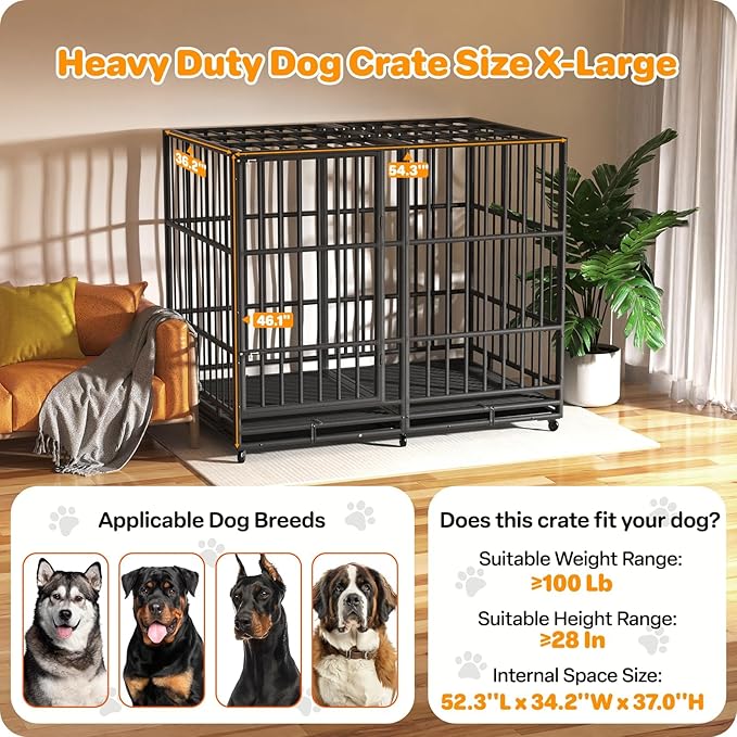 54 Inch Heavy Duty Dog Crate, Indestructible Escape-Proof Dog Kennel for High Anxiety Large Dogs, Strong Metal Pet Cage with Double Doors, Lockable Wheels & Removable Tray, XL XXL XXXL