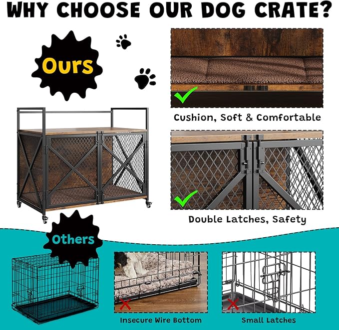 Dog Crate Furniture, 41 Inch Dog Kennel Indoor with Removable Cushion, Heavy Duty Dog Crate for Large Dogs and Medium Dogs, Wooden Dog Cage End Table with Double Doors, Rustic Brown