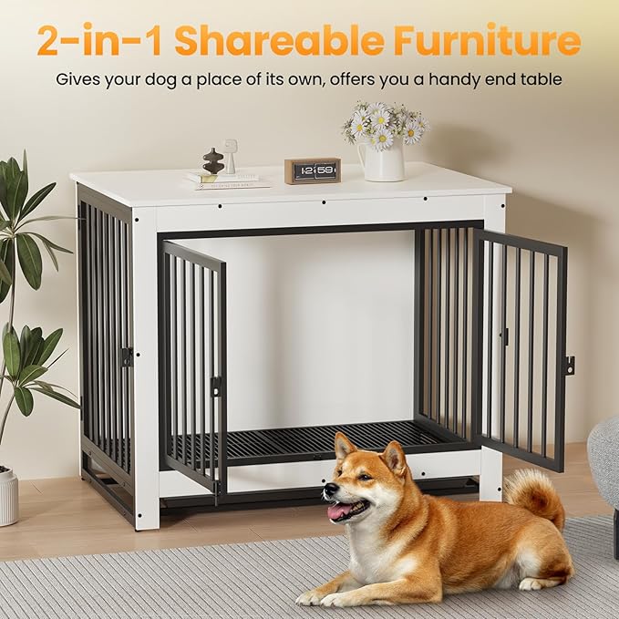 Dog Crate Furniture, 38 Inch Indoor Dog Kennel for Medium Dogs Up to 50 LBS, Heavy Duty Wooden Pet Cage End Table with 3 Doors, Alloy Steel Frame & Removable Tray