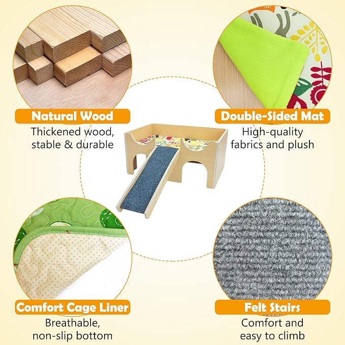 Fhiny Guinea Pig Hideout, Wooden Guinea Pig Castle with Ramp Bridge and Soft Mat Large Small Animal House Piggies Hideaway Hamster Habitat Decor for Chinchilla Hedgehog Squirrel Hamster Gerbil Rat