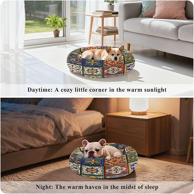 Round Cat Bed Dog Bed,13in Mexican Tile Patterns Washable Non-Slip Bottom Soft Pet Bed for Small Medium Dogs and Cats