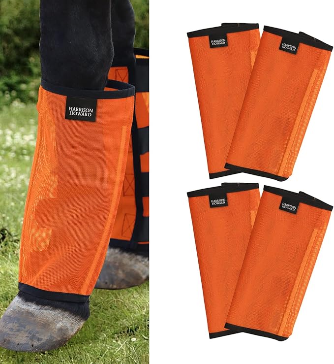 Harrison Howard Loose Fitting Fly Boots UV-Protective Extra Tough Mesh Ventilated Four Fasteners Stay-on Design Protect Horse Legs & Stomp-Reducing Set of 4 Orange Yearling