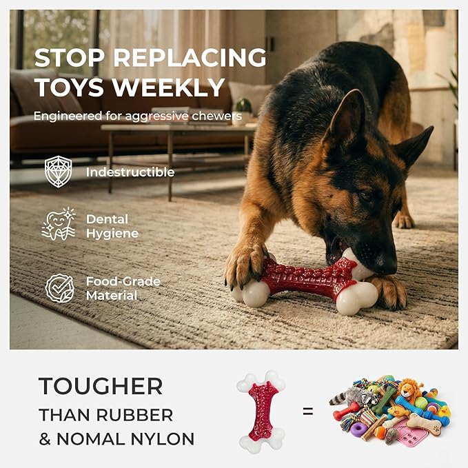 2-Pack Indestructible Dog Toys for Aggressive Chewers: Beef Flavored Hard Nylon Bone Chew Toys, Tough Dog Chew Toys for Large Dogs, Dog Toys to Keep Them Busy for Medium Large Breed, Red