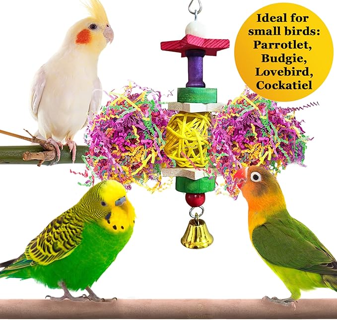 SunGrow Parakeet Toy, Brightly Colored Hanging Toy Made of Rattan, Wood and Shredded Paper, for Small and Medium Parrots, Cockatiels, Lovebirds and Finches (1 Piece)