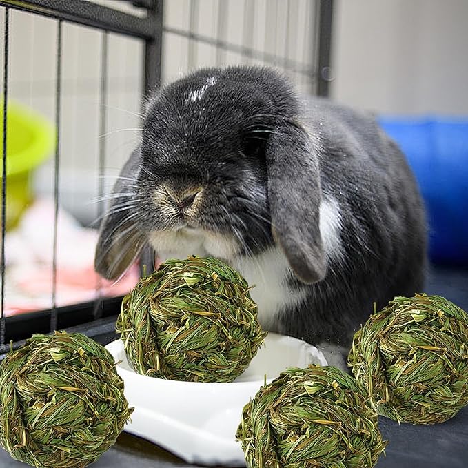 Hamiledyi 4 Pcs Rabbit Chew Ball Timothy Grass Ball Small Animal Activity Play Chew Toys Teeth Grinding for Bunny Rabbits Hamster Guinea Pigs Gerbils Chinchillas