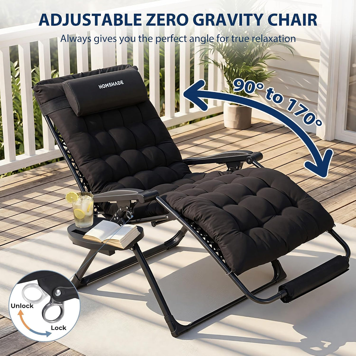 HOMSHADE 33 Inch XXL Oversized Zero Gravity Chair, Support 500 LBS, Black