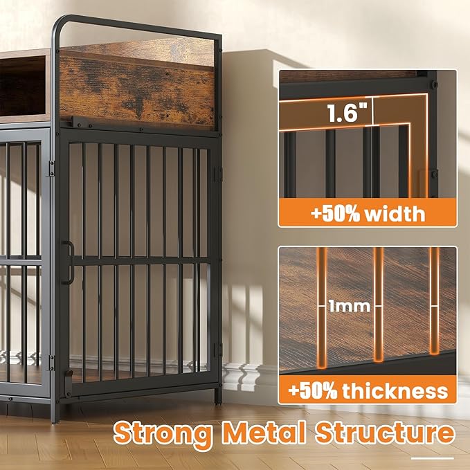 Large Furniture Dog Crate, Dog Kennel Indoor, Wood Dog Cage Table with Drawers Storage, Heavy Duty Dog Crate, Jaula para Perros, Sturdy Metal, 40.5" L×23.6" W×35.4" H, Rustic Brwon