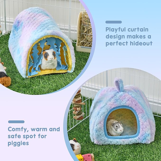 Avont 2 Pack Guinea Pig Hideout Bed and Tunnel Toys Set with Curtain, Washable Soft Plush Bunny Hideaway House Tube Cage Accessories for Small Animal Pet, Rabbits Chinchilla Hamster Ferret Rat -Blue