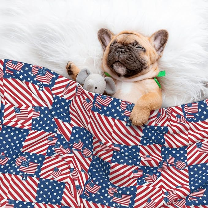 Pet Blanket for Indoor Outdoor Use, American Flag Plaid Pattern, Two Sided Reversible Plush Mat with Bumpy Dot Texture for Patios Crates Portable Bed Companion