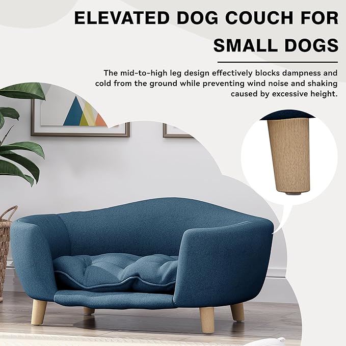 Dog Sofa Couch Bed for Small Dogs, Durable Fabric Rectangle Pet Sofa with Soft Cushion, Modern Elegant Elevated Mini Dog Couch Bed with Backrest and Armrests, Navy Blue