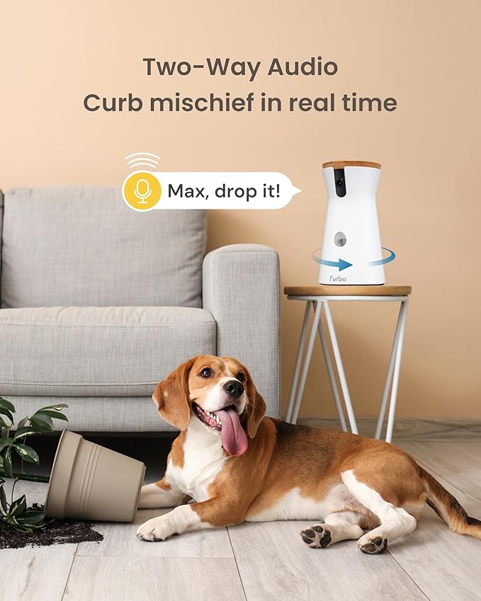 Furbo 360° Dog Camera + Power Adapter: Pet Cam w/Barking Alerts, Rotating View, Treat Toss w/Phone App, Puppy Monitoring, 2-Way Speaker, No Subscription Needed. Standard See, Talk, & Toss Features