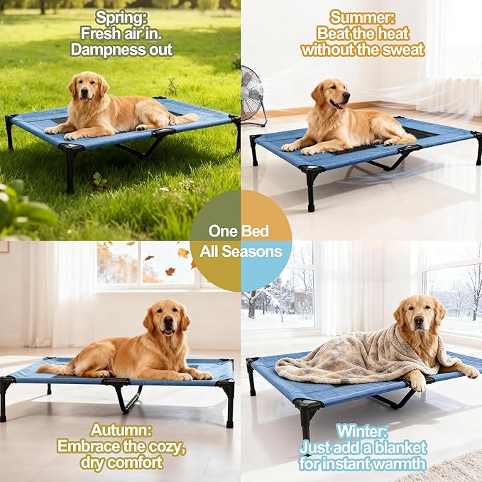 Raised Dog Bed Cooling Cot for Indoor Outdoor Use Portable Waterproof Mesh Pet Bed Washable for Large Medium Small Dogs, Blue