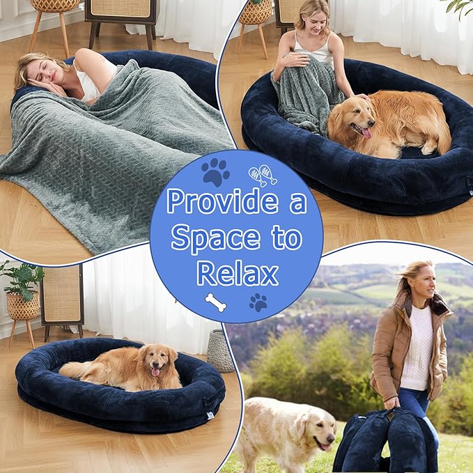 Human Dog Bed - 72"x48"x10" Large Gaint Shared Bed for Adult - Flufelbed Standard Cloud Bed for Humans and Dogs - Nap Bed Bean Bag Bed Faux Fur Fluffy Orthopedic Pet Bed Large Navy
