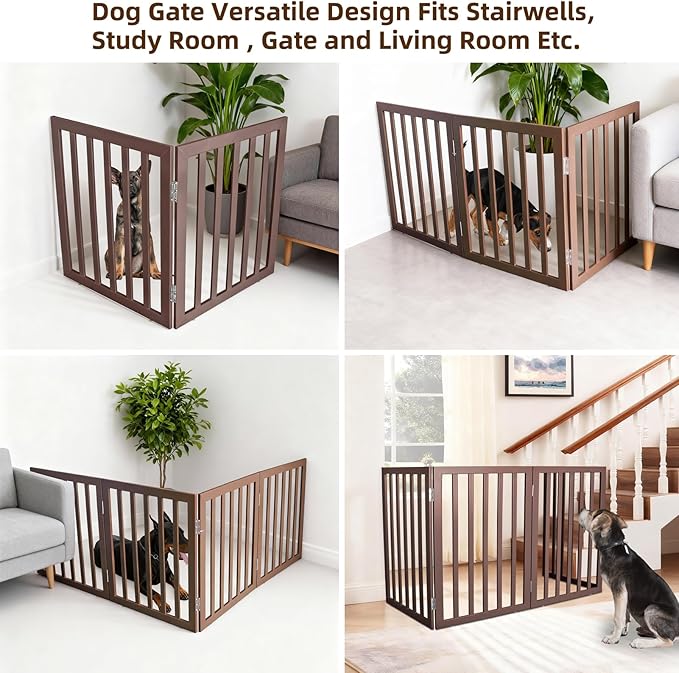 ZJSF Freestanding Indoor Dog Gate for House Foldable Wood Brown Puppy Gate for Doorways Pet Gate for Stairs Extra Wide Pet Fence 24" Height 2 Panels