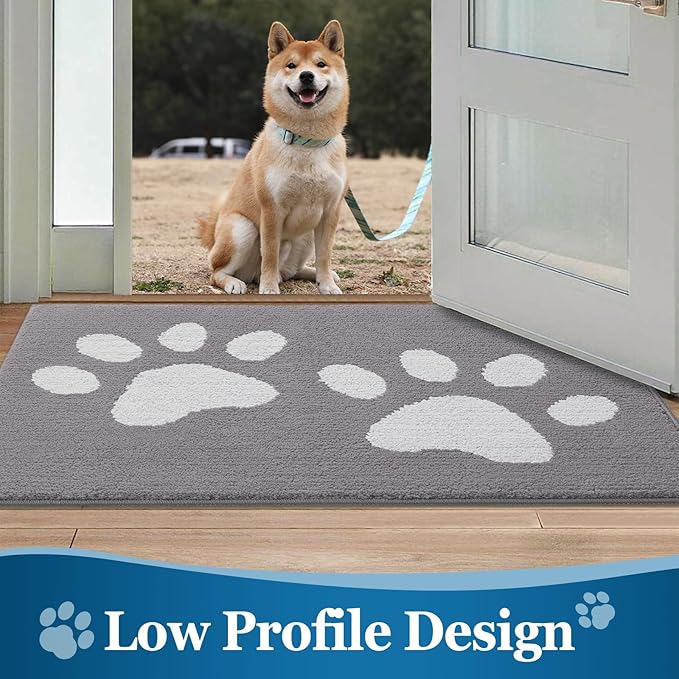 Buganda Dog Door Mat for Muddy Paws, Absorbent Dirt Trapper Washable Indoor Doormats, Non Slip Low-Profile Mud Mat for Dogs, Front Entrance Doormat for Inside Floor (48x30 Inches, Light Grey)