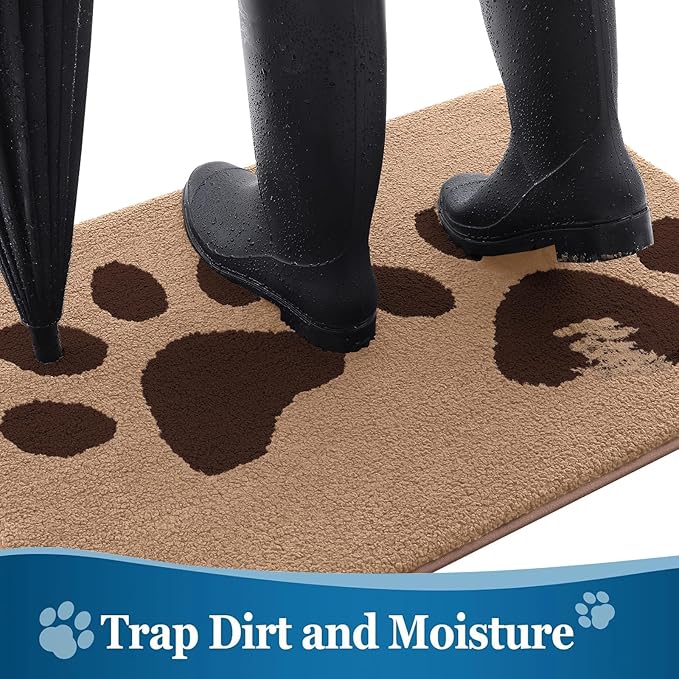 Buganda Dog Door Mat for Muddy Paws, Absorbent Dirt Trapper Washable Indoor Doormats, Non Slip Low-Profile Mud Mat for Dogs, Front Entrance Doormat for Inside Floor (48x30 Inches, Beige)