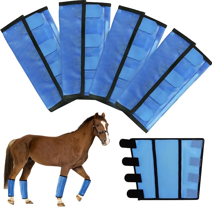 Mesh Horse Fly Boots Set of 4，Adjustable and Universal Loose Fitting & Non-Slip Horse Fly Leggings for Horses,Reduce Stressful Stomping (Blue)
