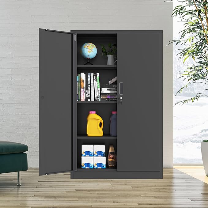Metal Storage Cabinet with Locking Doors and 3 Adjustable Shelves, 53.5-Inch Lockable Storage Cabinets for Home Office Garage Kitchen Pantry (Black)