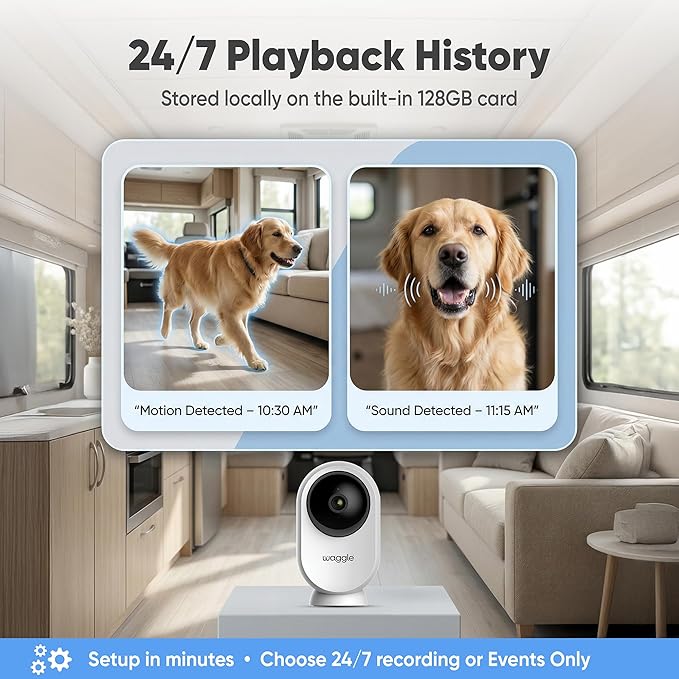 Waggle RV Mini Camera - 1080p HD Wireless Security Camera for RVs – Built-in SD Card (128GB), 2-Way Audio, Night Vision & Motion Detection - Ideal for Indoor Use - WiFi & Subscription Required