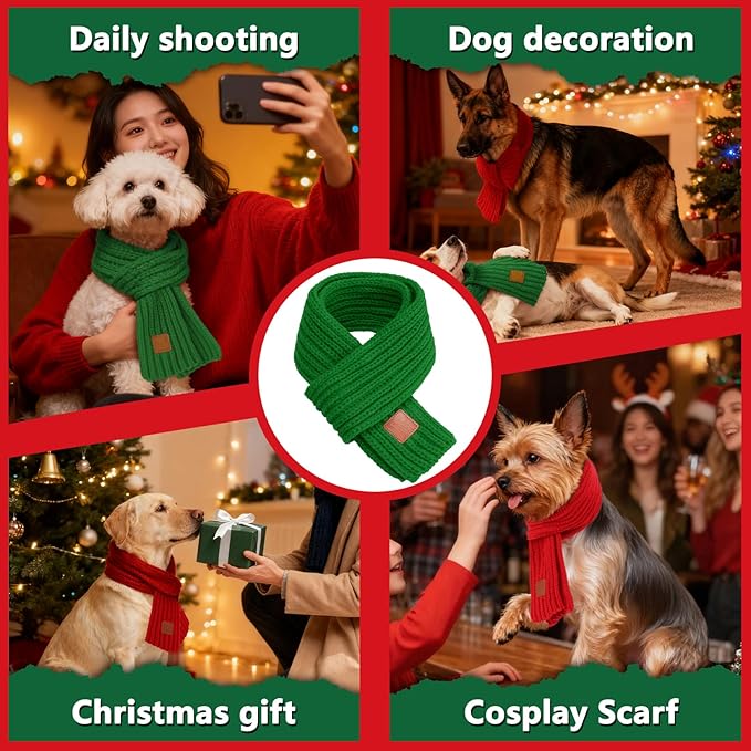 BWOGUE 2-Piece Winter Dog Knitted Scarf & Dog Neck Warm Bandanas with Red and Green Patterns for Medium/Large Dogs - Winter Warm Holiday Scarf Pet Accessories (Red, Green)