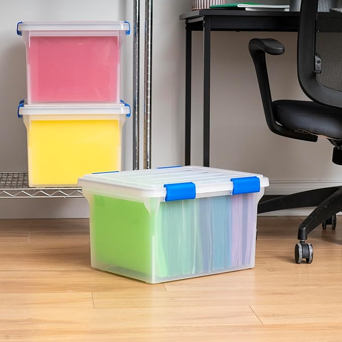 IRIS USA File Box, WeatherPro File Organizer for Letter/Legal File, Water Resistant Document Box, Plastic Gasket File Box With Tight Latch and Seal, Stackable Nestable, Clear/Blue 32 Qt. 3 Pack