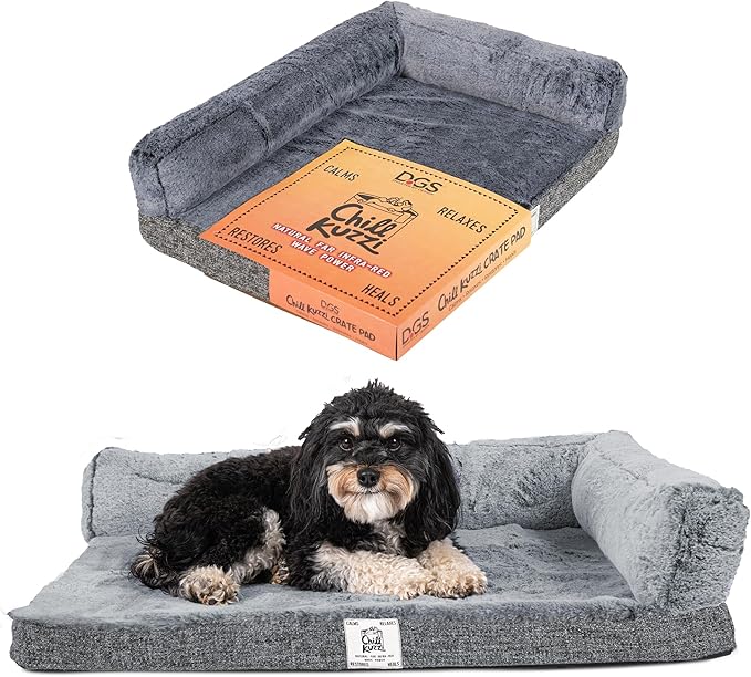 Dog Gone Smart Chill Kuzzi Dual Bolster Crate Pad - Washable Dog Bed Infused with Far Infrared Rays (FIR) - Supportive Plush Cushion for Crates, Travel, and Recovery - Slate Grey, Small 17 x 23 Inches