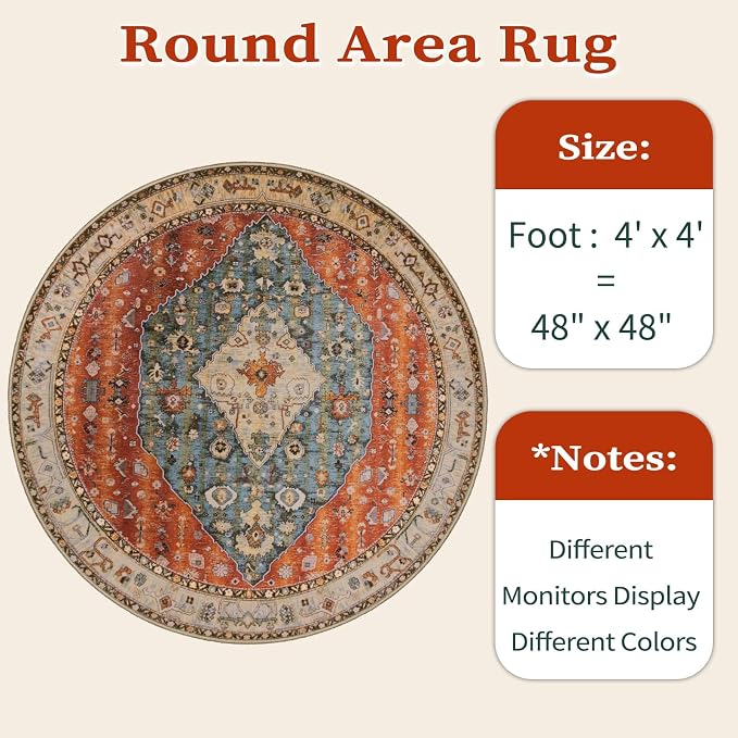 SERISSA Boho Round Area Rug, 4ft Washable Non-Slip Circle Rug, Ultra Soft