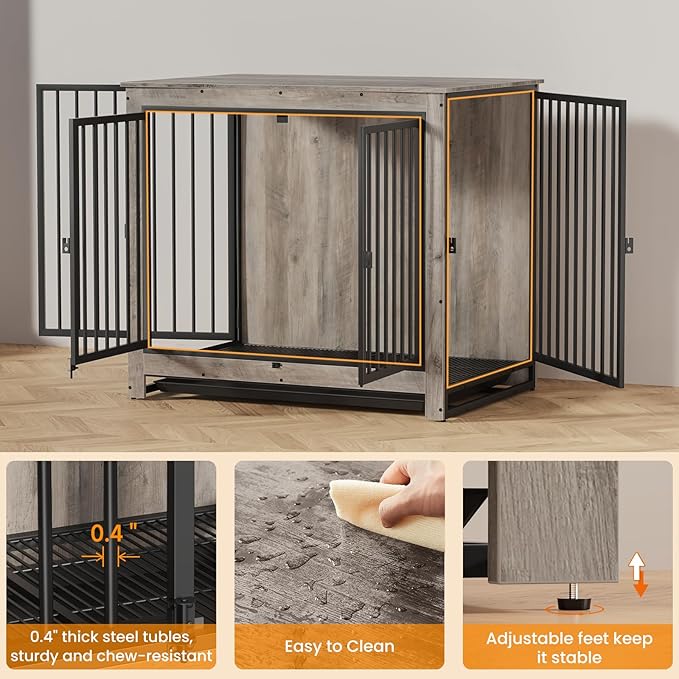 Dog Crate Furniture, 42 Inch Indoor Large Dog Kennel for Medium to Large Dogs Up to 70 LBS, Heavy Duty Wooden Pet Cage End Table with 3 Doors, Alloy Steel Frame & Removable Tray