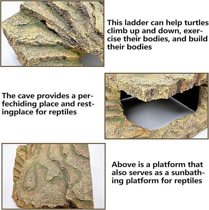kathson Turtles Basking Platform, Reptile Cave Hideout,Tortoise Resting Terrace with Climbing Ramp,Turtle Resin Dock Tank Accessories Decor for Amphibians, Lizard, Gecko, Frog, Salamander,Extra Large