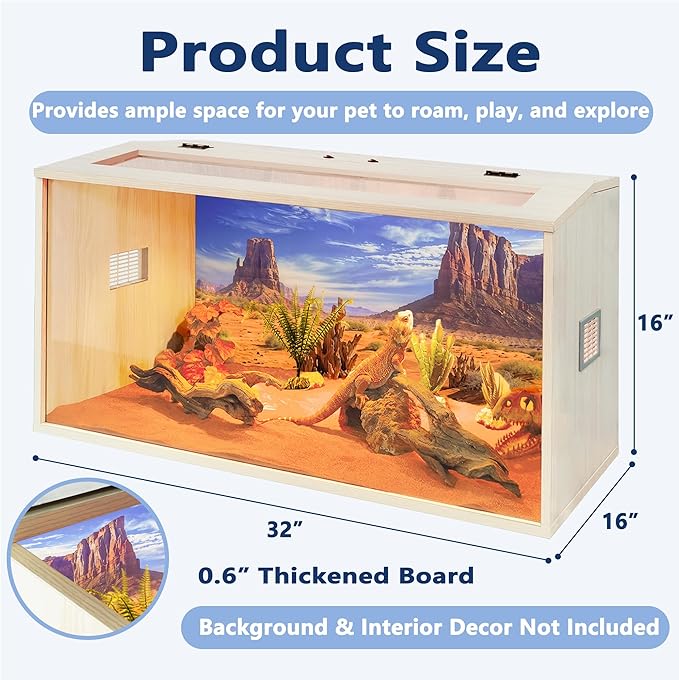 PROLEE Tempered Glass Bearded Dragon Tank,Wooden Reptile Tank and Lizard Tank, Large Bearded Dragon Enclosure with Built-in Lamp Fixture, Snake Tank (Wooden-Topped roof, 32inch,32 Gallons)