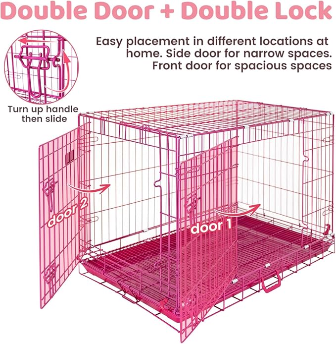 HOMEY PET Pink Dog Cage Large Dogs, Cute 42 Inch Dog Crate Big Collapsible XL Dog Kennel, Nano-Coated Metal Wire Dog Crate with Removable Floor Grid Tray, Double Doors Dual Locks, Portable Handle