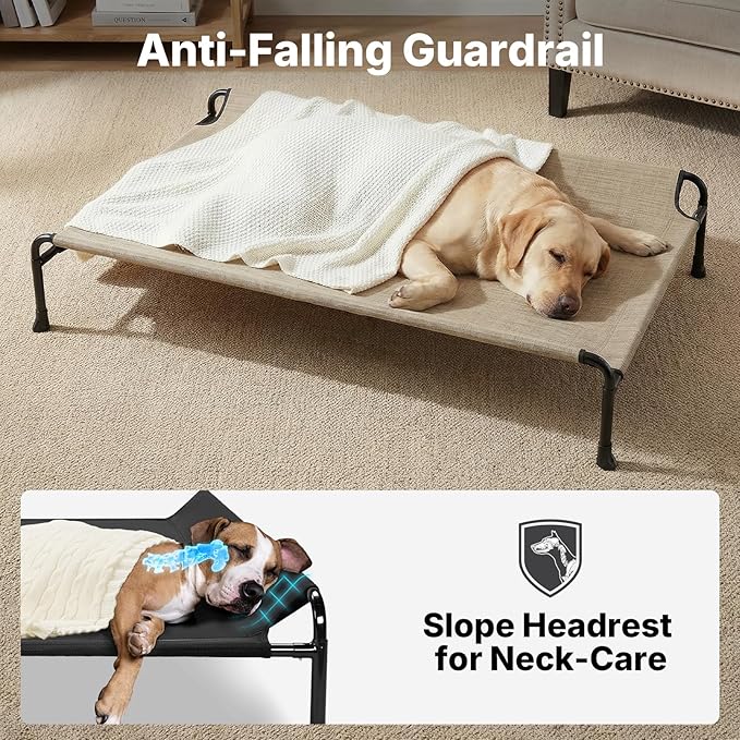 Veehoo Outdoor Dog Bed, Raised Dog Bed for Large Dogs, Elevated Pet Bed with Headrest, Washable Cooling Dog Cot, Breathable Pet Hammock for Indoor or Camping, 41", Non-Skid, Beige