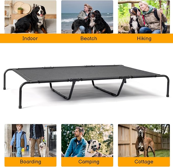 Elevated Dog Bed Raised Outdoor Dog Cot for Large Dogs, Pet Products Dog Cots Beds with Washable Cooling Breathable Mesh Anti-Slip Feet, Heavy Duty Durable Metal Frame, Cama para Perros 60" Black