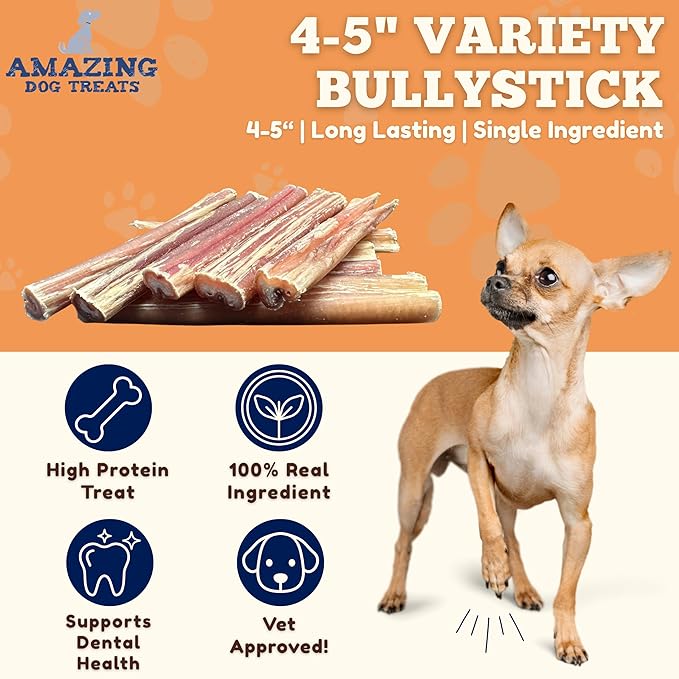 Amazing Dog Treats - 4-6 Inch Variety Bully Sticks (10 oz) - All Natural Rawhide Alternative - Long Lasting Dog Treats - No Hide Dog Chew- 100% Beef - Promotes Canine Dental Health