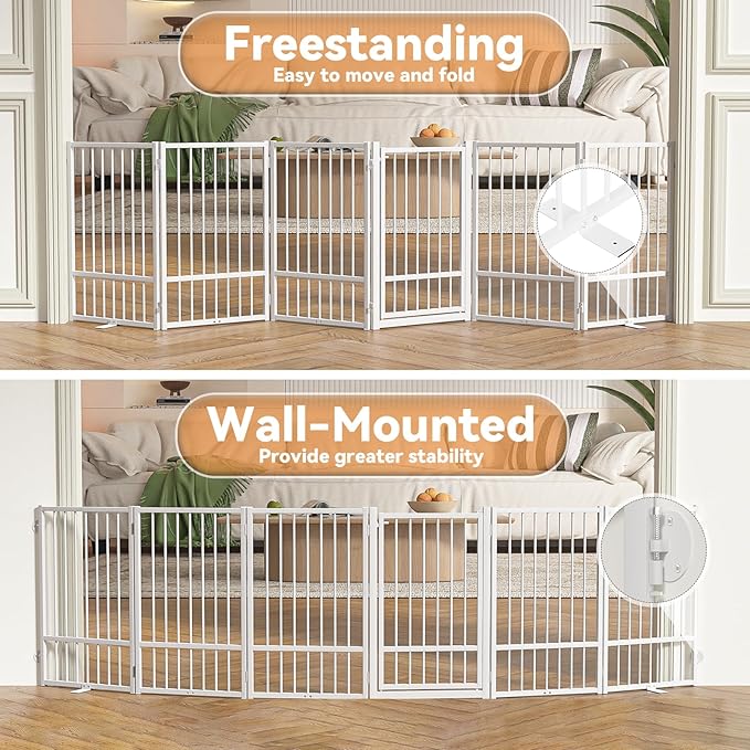 Full Metal Freestanding Dog Gate with Door, 32''Height Foldable Pet Dog Fence for Indoor & Outdoor, 6 Panels Extra Wide Free Standing TallDog Gates for Doorways,House,Stairs,Porch,Deck,Yard