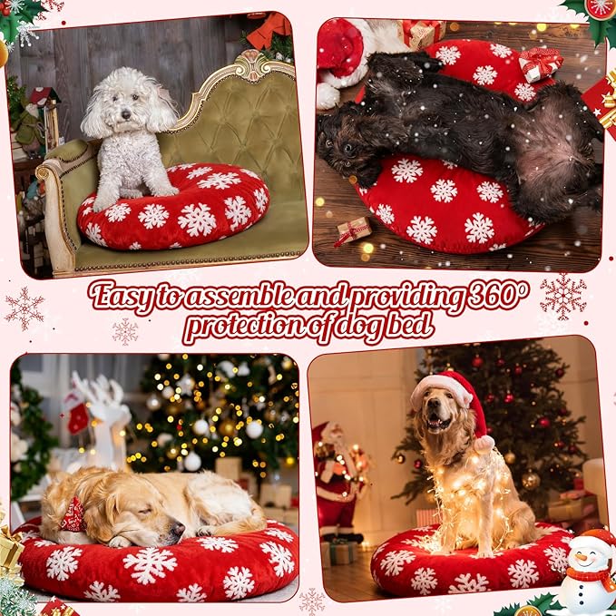 Oudain Dog Bed Cover 45 x 45 x 11 Red Snowflakes Waterproof Round Dog Bed Cover Replacement Washable for Round Dogs Beds Valentine's Day Christmas Winter Decor Scratch Resistant Mattress Protector