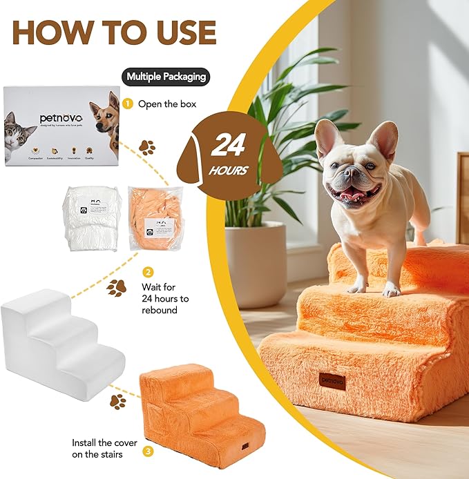 PETNOVO Ultra-Soft Rabbit Fur-Like Dog Stairs for Couch/Bed, Luxury Comfort 3-Step for Small & Senior Dogs, Non-Slip, Removable Washable Cover, Oeko-TEX Certified, 22.4" D x 15.7" W x 15.7" H, Orange