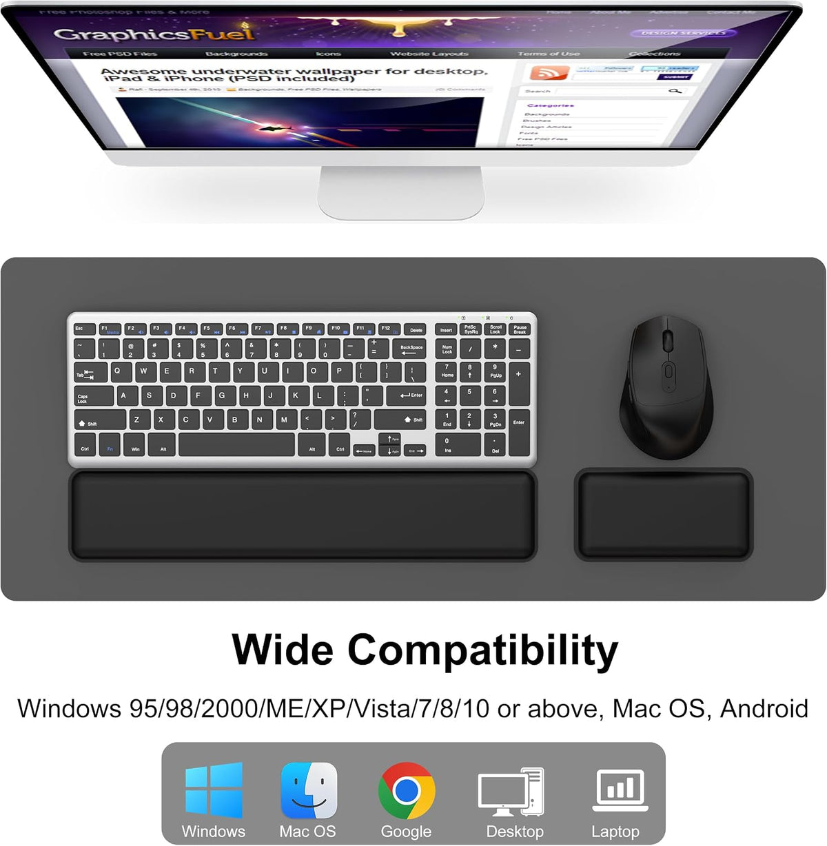 Ultra Slim Quiet Silent Wireless Keyboard and Mouse Combo with Magnetic Wrist Rest, Rechargeable Quiet Full-Size Keyboard and Mouse Combo Set Ultra Slim Design for Computer, Mac, Laptop, PC