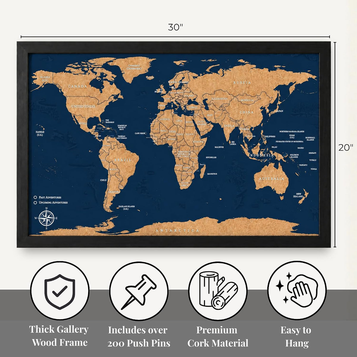Large Push Pin World Travel Map – 30" x 20" Framed Cork Board Wall Art, Modern World Map with 200 Unique Pins for Tracking Adventures, A Premium Gift for Travelers, Couples and Families