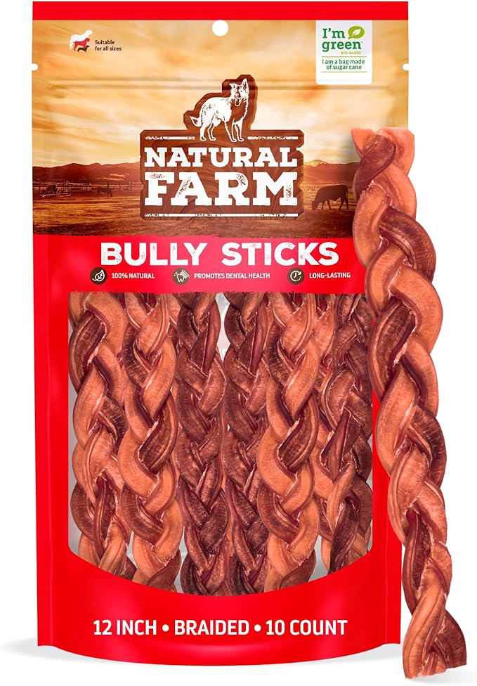 Natural Farm Odor-Free Braided Bully Sticks (12 Inch, 10 Pack) - 100% Grass-Fed Beef, Grain-Free, Low Fat & Fully Digestible Best Dental Treats - Safest Long Lasting Pizzle Chews to Keep Your Dog Busy