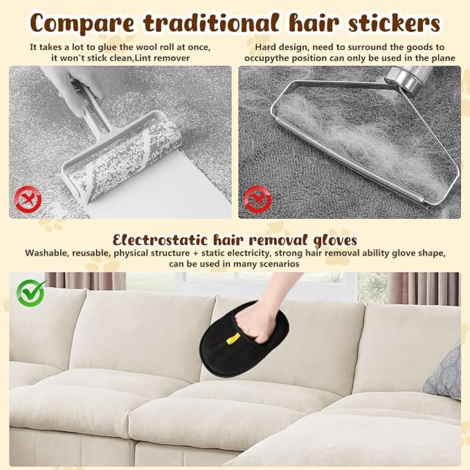 Pet Hair Removal Glove,Electrostatic Efficient Grooming Gloves for Pet Hair,Cat Grooming Gloves,Upgraded Animal Fur Removal Tool,Reusable Cat & Dog Hair Remover for Couch,Carpet,Curtain（2PCS)