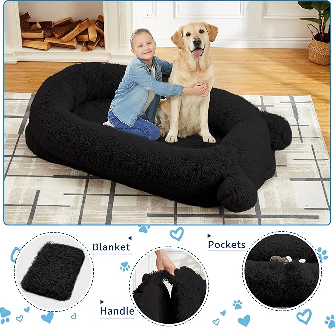 GarveeHome Human Sized Dog Bed, 71" x 45" x 12" Large Dog Bed with 2 Storage Pockets, Fluffy Faux Fur Orthopedic Pet Bean Bed for Adults & Giant Pets - Black