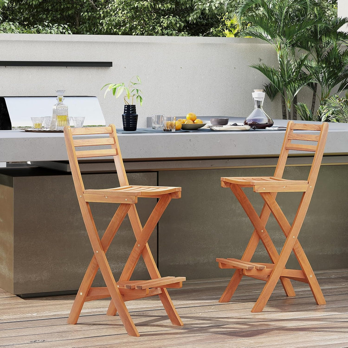 Tangkula Patio Folding Barstool Set of 2, Outdoor Portable High Top Acacia Wood Bar Height Chair with Backrest & Footrest,for Backyard, Garden, Front Porch