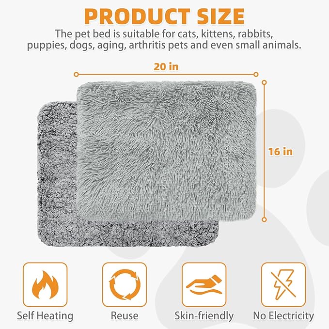 KOOLTAIL Self Warming Cat Bed, 4 Pack 16*20in Plush Extra Warm Self Heating Pet Pad for Crate, Floor, Indoor Outdoor, Non-Slip Upgraded Thermal Foil Puppy Kitten Mat with Removable Washable Cover,Grey