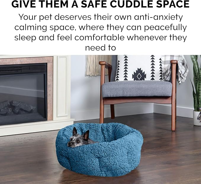 Furhaven 20" Round Self-Warming Pet Bed for Indoor Cats & Small Dogs, 100% Washable, For Pets Up to 20 lbs - Hi Lo Snuggle Terry Cuddler - Lake Blue, Small