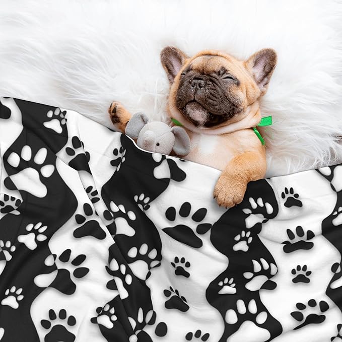 Black White Paw Throw Blanket - Stripes Blanket for Dog Cat Pet Blankets 23x16 for Couch Sofa Bed