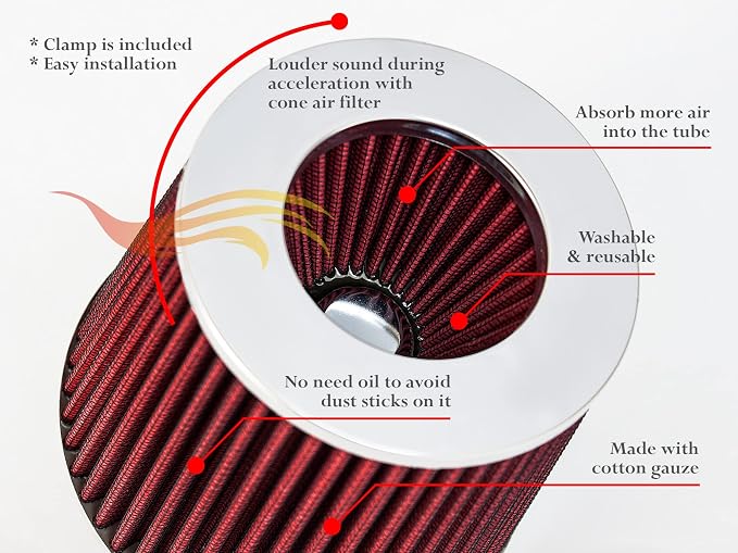 Rtunes Racing Universal Clamp-On Air Filter, Standard Cone, Dry Washable Design