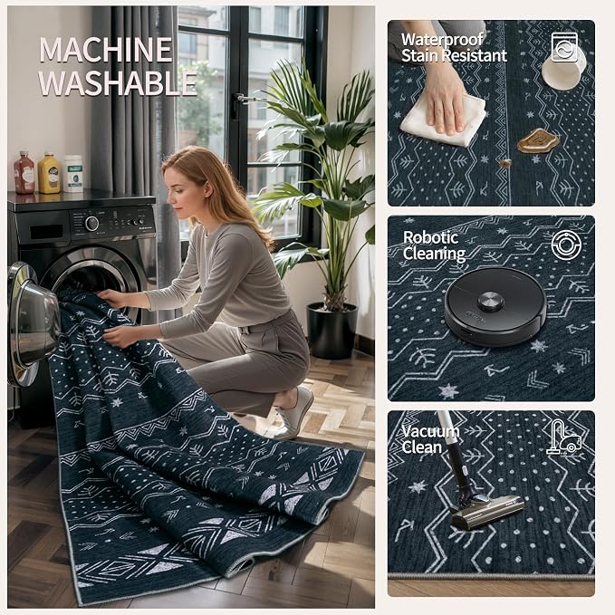 SERISSA 2x5 Kitchen Runner Rug, Washable Non-Slip Grey Boho Rug, Soft Low-Pile
