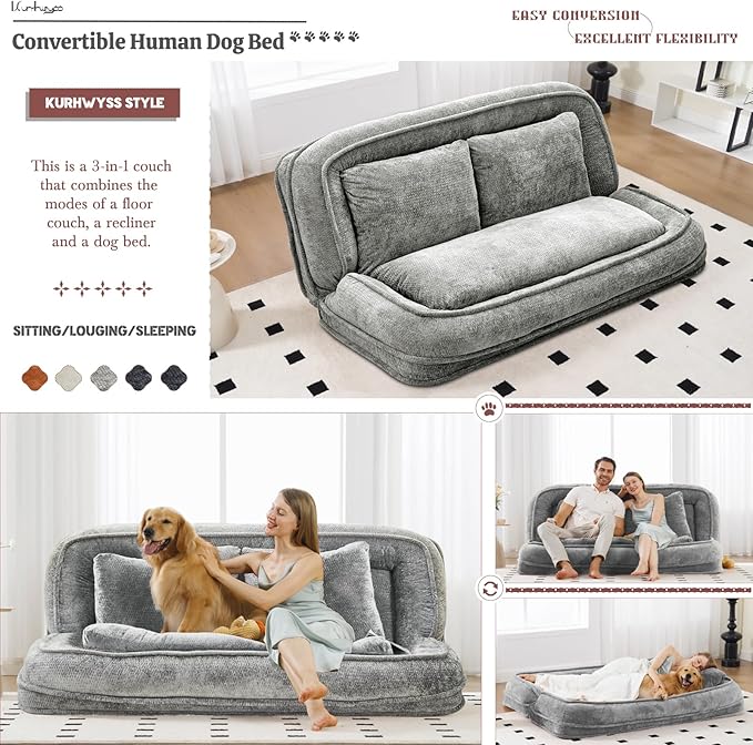 Extra Large Human Dog Bed for Adult & Pets, Convertible Floor Sofa Bed with 5 Adjustable Position, Lazy Couch Giant Bean Bag Lounge Chair Comfy Tatami with 3 Pillows for Bedroom Living Room (Grey)
