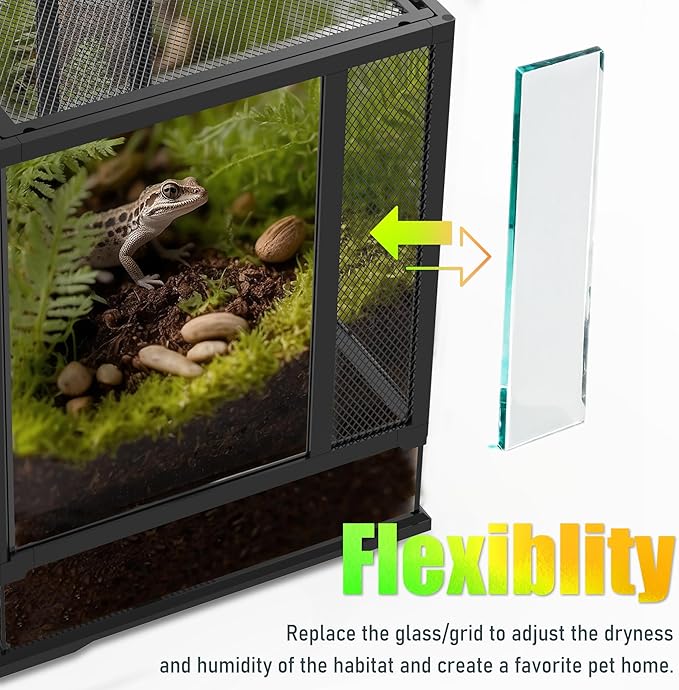 24’’18’’24’’ Reptile Terrarium with Full View Tempered Glass, 43 Gallon Reptile Habitat Comes with Feeding Port and Mesh Top Vent, Suitable for Most Reptiles Such as Chameleon, Lizard and Snake